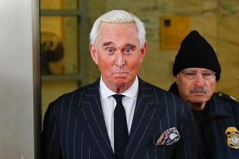 FILE - In this Feb. 1, 2019 file photo, former campaign adviser for President Donald Trump, Roger Stone, leaves federal court in Washington. (AP Photo/Pablo Martinez Monsivais)