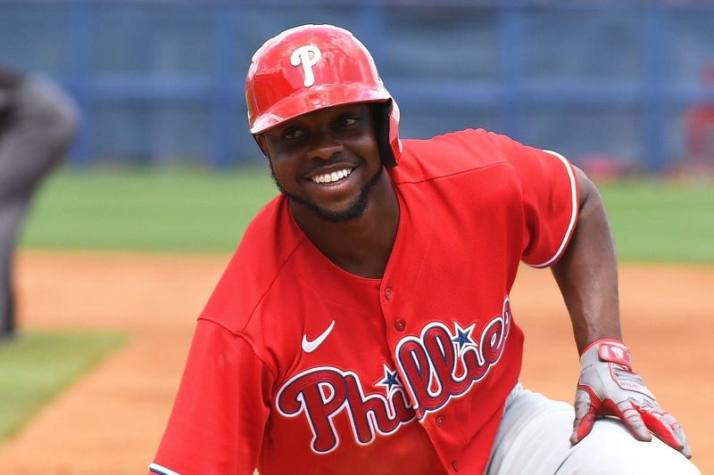 Philadelphia Phillies outfielder Roman Quinn (24) smiles after a pick off attempt in the third inning against the Tampa Bay Rays at Charlotte Sports Park.
