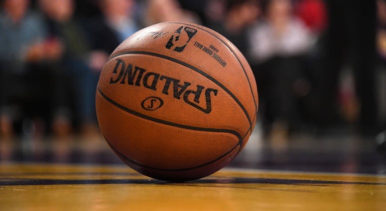 A detailed view of a basketball on the court during the NBA game between the Los Angeles Lakers and the New York Knicks at Staples Center in Los Angeles on Jan. 8, 2020.