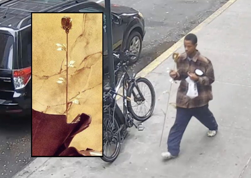 Video shows the suspect, allegedly Alcantara, walking down a street with the gold-plated rose after it was stolen from St. Francis of Assisi Church on Wednesday afternoon.