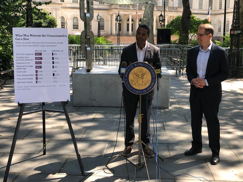 Bronx Rep. Richie Torres and Council member Mark Levine, the chair of the Council's health committee, push for the Biden administration to adopt a vaccine mandate for air travel outside of City Hall on Friday, Aug. 6, 2021.