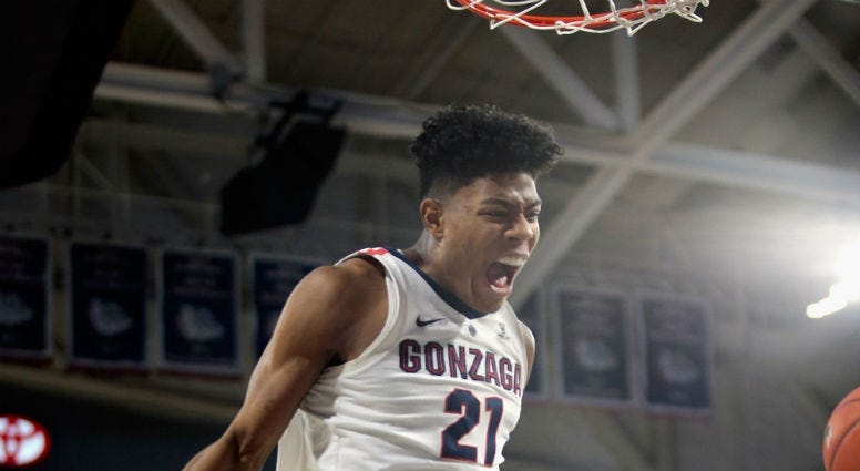 Rui Hachimura reacts after a dunk in a February 2019 game against the Saint Mary's Gaels