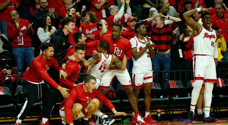 The Rutgers Scarlet Knights bench reacts after a dunk by guard Geo Baker (not pictured) against the Indiana Hoosiers during the second half at Rutgers Athletic Center (RAC)