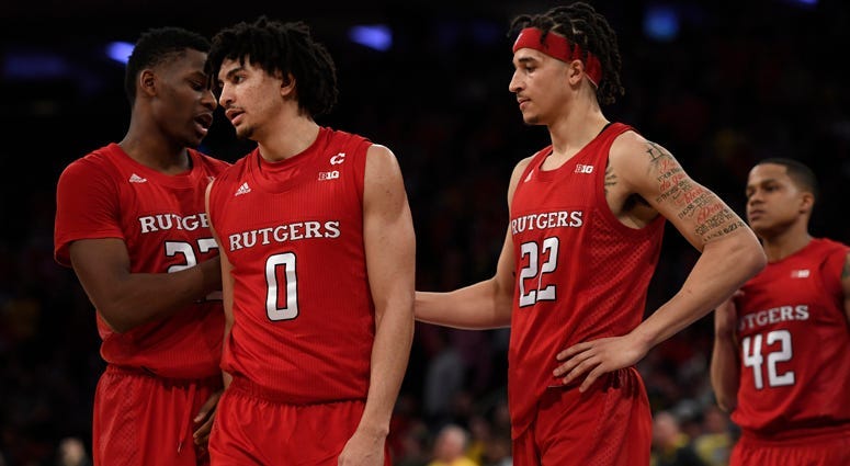 Rutgers' Geo Baker (0) and Caleb McConnell (22) react during the second half against the Michigan Wolverines on Feb. 1, 2020, at Madison Square Garden.
