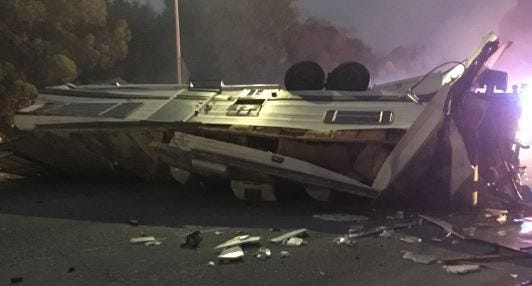 A motor home overturned in a collision on I-580 in Oakland on Aug. 5, 2019. 