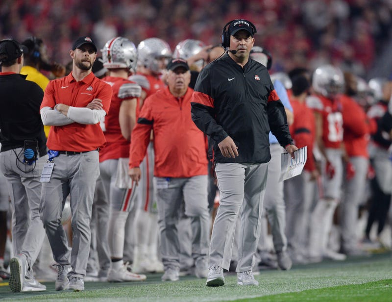 Ohio State Buckeyes head coach Ryan Day reacts against the Clemson Tigers during the first half in the 2019 Fiesta Bowl college football playoff semifinal game at State Farm Stadium.