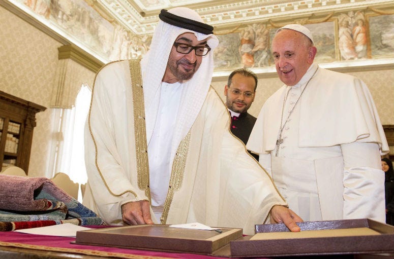 Pope Francis and Crown Prince of Abu Dhabi, Sheikh Mohammed bin Zayed al-Nahyan exchange gifts at the Vatican in September 2016.