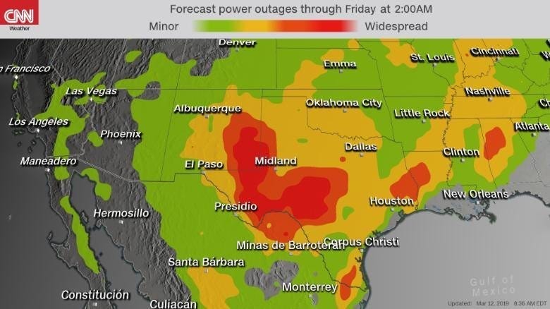 Wind gusts of 50 to 70 mph are expected Wednesday afternoon through Thursday morning across Colorado, New Mexico, Texas and Oklahoma, CNN meteorologist Monica Garrett said.
