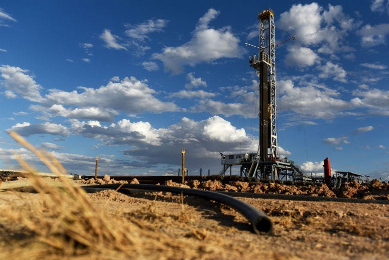 A Colgate Energy LLC oil drilling rig stands in Reeves County, Texas, in this August 2018 photo.