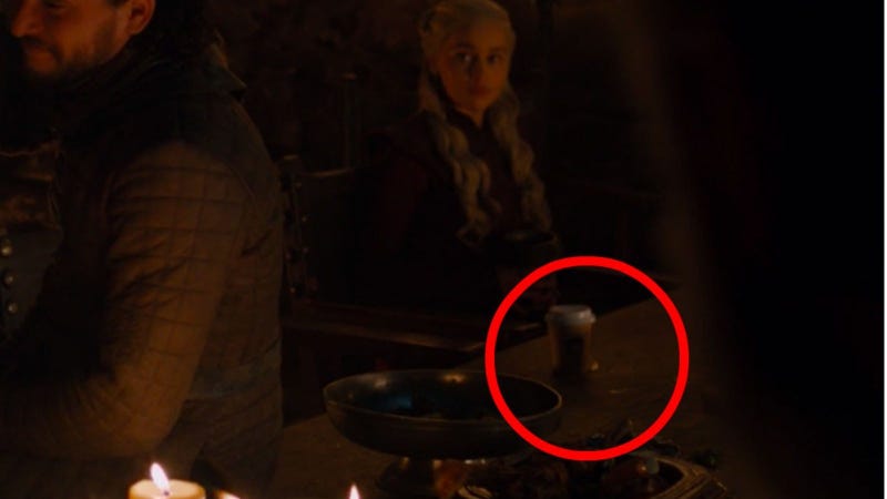 A coffee cup on a table in the great hall of Winterfell in the fictional, very coffee-less realm of Westeros.