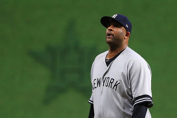 Bronx, NY, USA; New York Yankees starting pitcher CC Sabathia (52) reacts after the third inning against the Boston Red Sox in game four of the 2018 ALDS playoff baseball series at Yankee Stadium. Mandatory Credit: Brad Penner-USA TODAY Sports