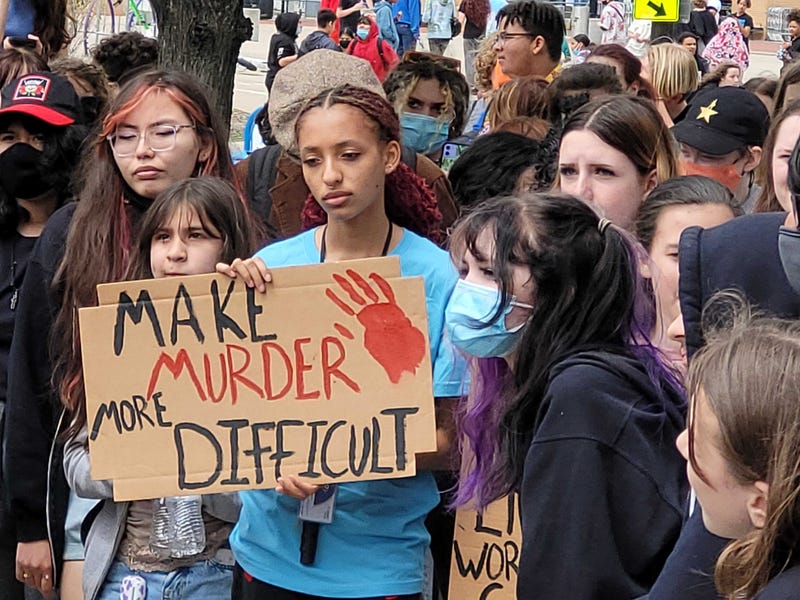 student at gun control rally with sign says, "make murder difficult" 