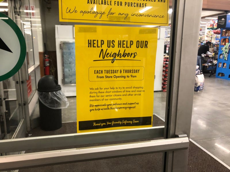Sign at a San Jose Safeway informing shoppers of the new seniors-only shopping hours