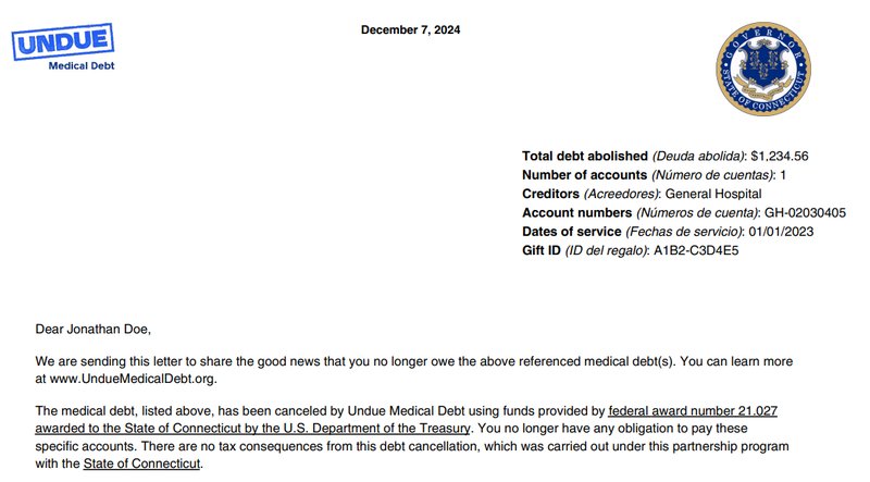 A sample of a letter eligible residents will be receiving from Undue Medical Debt and the state of Connecticut, informing them that they're having medical debt relieved.