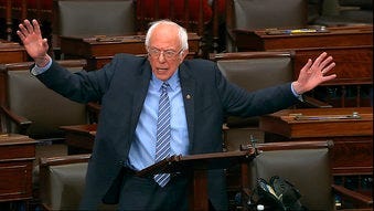 In this image from video, Sen. Bernie Sanders, I-Vt., speaks on the Senate floor at the U.S. Capitol in Washington, Wednesday, March 25, 2020. (Senate Television via AP)
