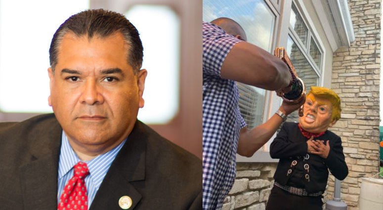 State Senator Martin Sandoval and photo posted on social showing a man in a Donald Trump mask clutching his chest, and another man pretending to shoot him