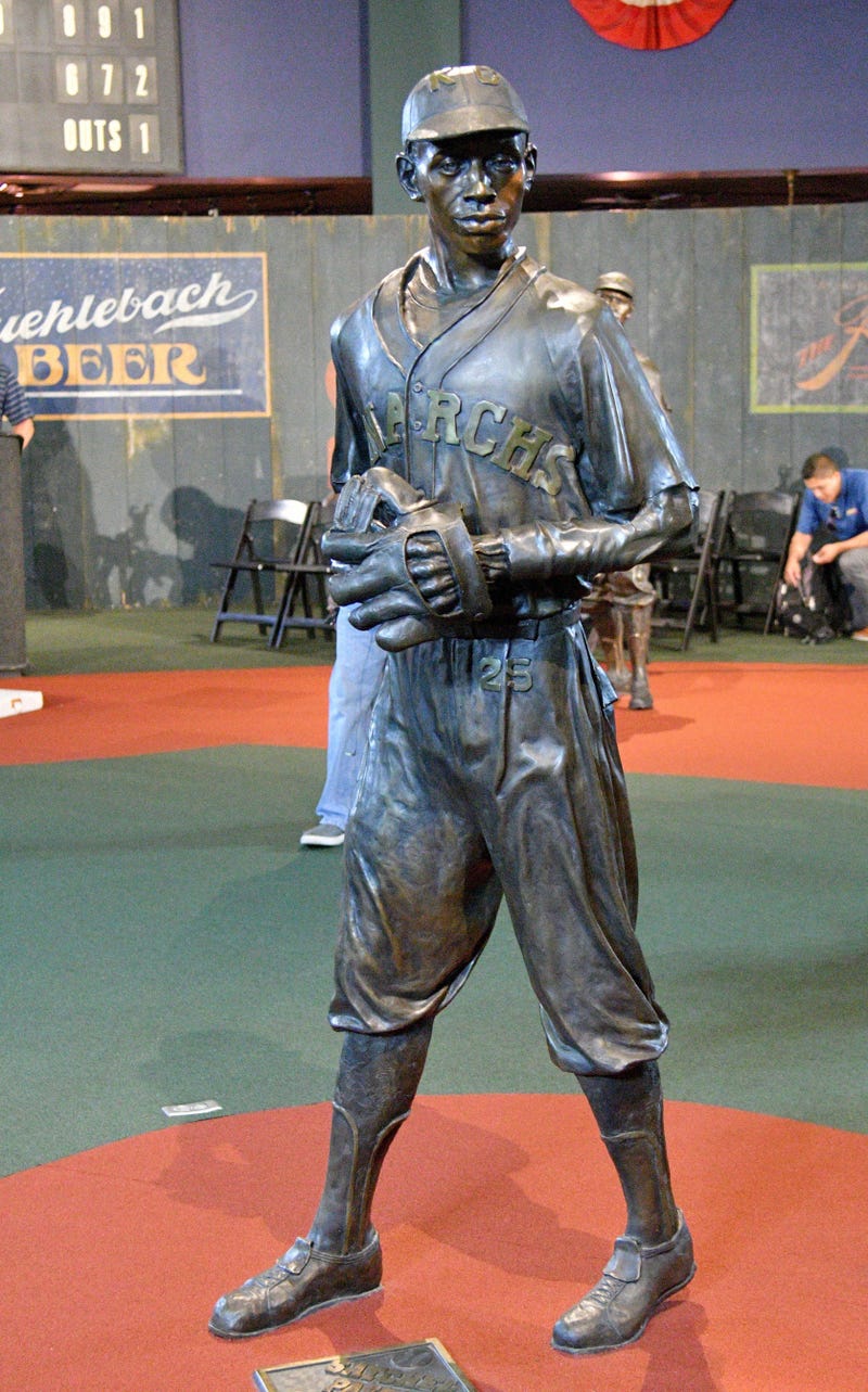 Jun 21, 2017; Kansas City, MO, USA; A detail view of a statue of Satchel Paige on display during a presentation at the Negro Leagues Baseball Museum.