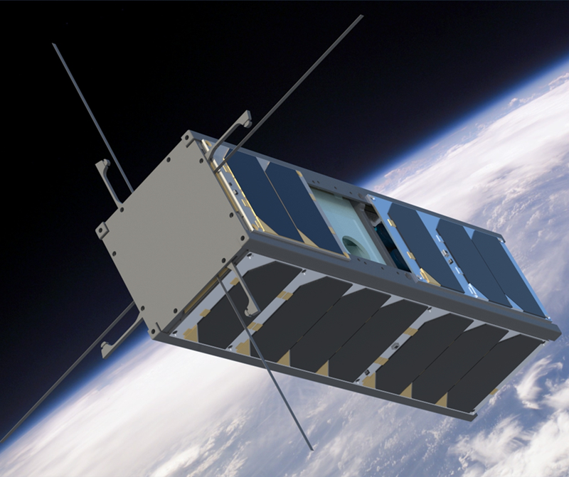 An artist rendering of a mini-satellite being built by students at the University of Kansas.