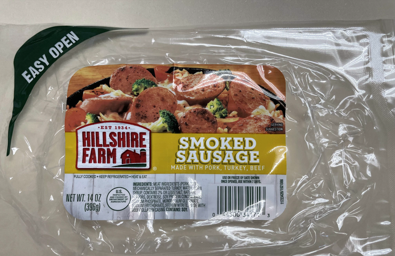 The product that consumers should keep an eye out for comes in 14-ounce packages labeled “Hillshire Farm Smoked Sausage Made With Pork, Turkey, Beef.”