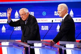Democratic presidential candidates, Sen. Bernie Sanders, I-Vt., left, and former Vice President Joe Biden, right, participate in a Democratic presidential primary debate at the Gaillard Center in Charleston, S.C. (AP Photo/Patrick Semansky)