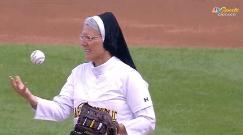 Sister Mary Jo Sobiek threw the ceremonial pitch in Chicago on Saturday night