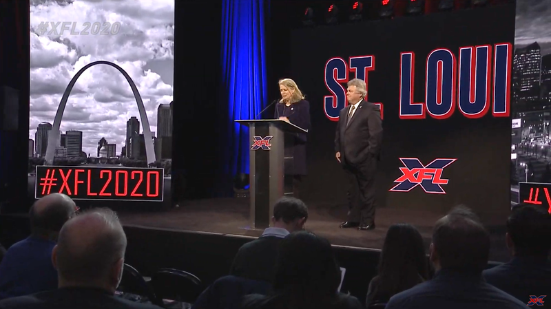 Kitty Ratcliffe, president of Explore St. Louis speaks at the XFL announcement.