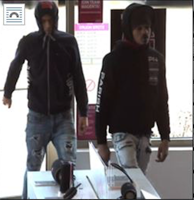 Surveillance image of two people wanted for stealing iPhones Jan. 8, 2020, from a T-Mobile store at 356 S. Weber Road in Romeoville.