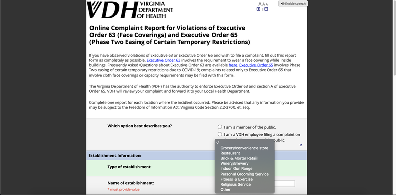 VA Department of Health form