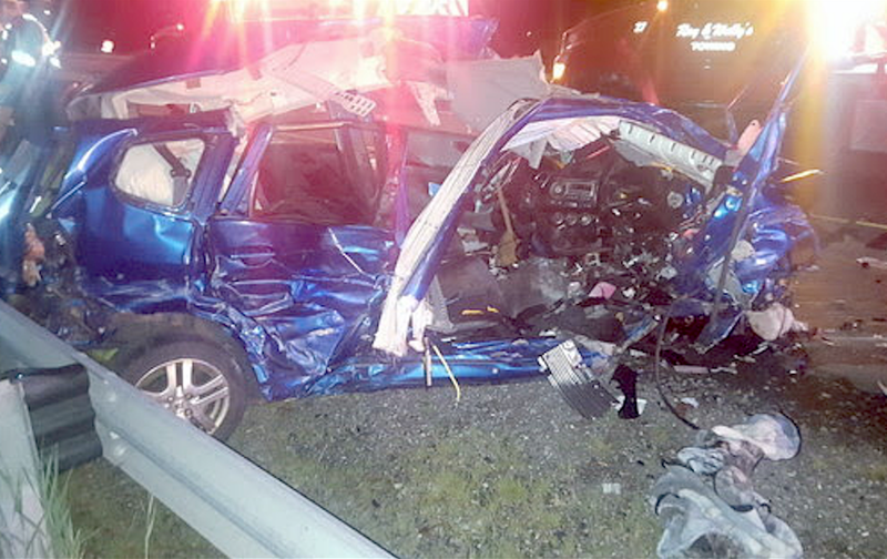 A Honda Fit was severely damaged after two consecutive crashes early July 27, 2020, on I-65 near Crown Point.