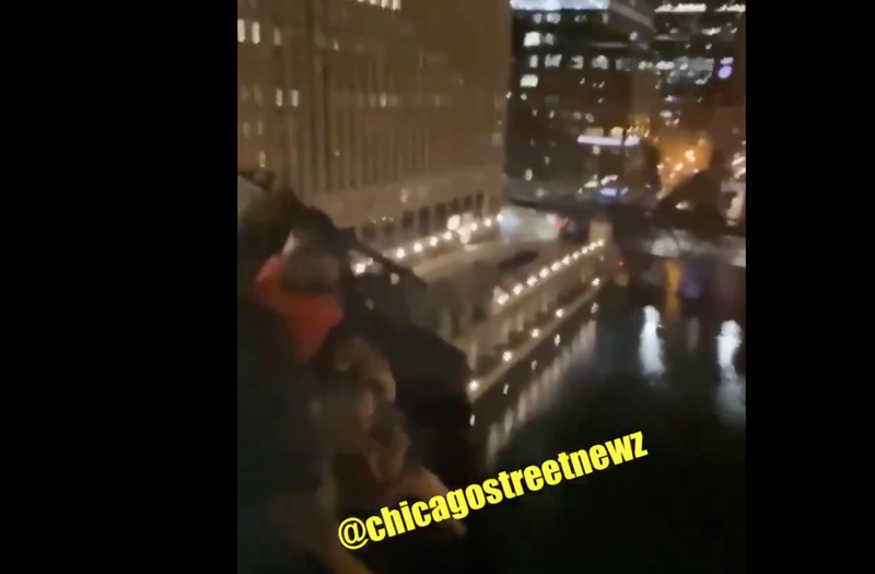 Video is being shared on Twitter showing some thrill-seekers taking advantage of the raised draw-bridges along the Chicago River.