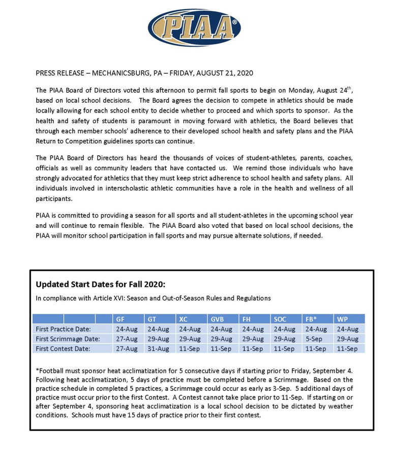 PIAA statement regarding fall sports
