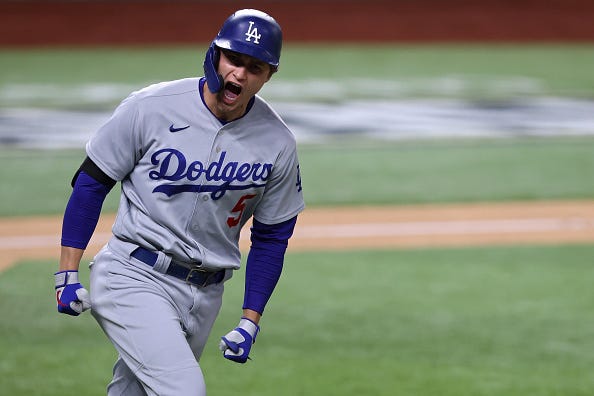 Corey Seager celebrates a hit in the World Series