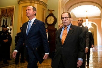 House Intelligence Committee Chairman Adam Schiff, D-Calif., front left, and House Judiciary Committee Chairman, Rep. Jerrold Nadler, D-N.Y., and other House impeachment managers, walk to the Senate chamber. (AP Photo/Matt Rourke)