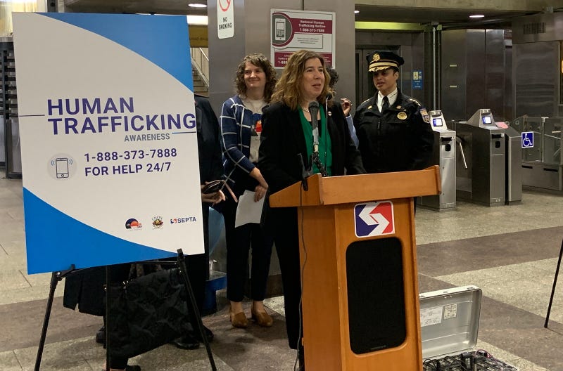 SEPTA General Manager Leslie Richards (center), Philadelphia Police Commissioner Danielle Outlaw (right) and the Salvation Army's Heather LaRocca (left) discuss the transit agency's human trafficking awareness initiatives at Frankford Transportation Center on Tuesday.