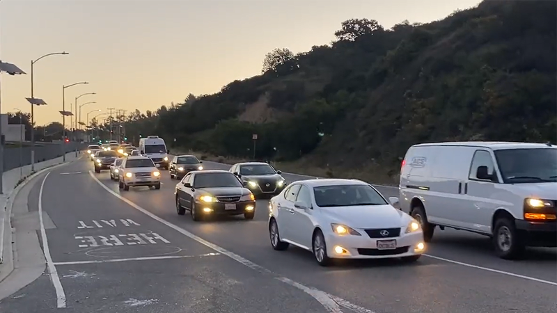 Heavy traffic in the Sepulveda Pass heading south into Los Angeles on April 14, 2022. The traffic jam began after an early morning CHP shooting on the southbound 405 led to an investigation.