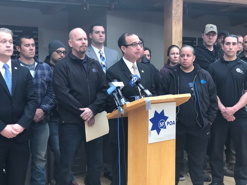 SF POA president Tony Montoya at the mic during the presser about the Jamaica Hampton case