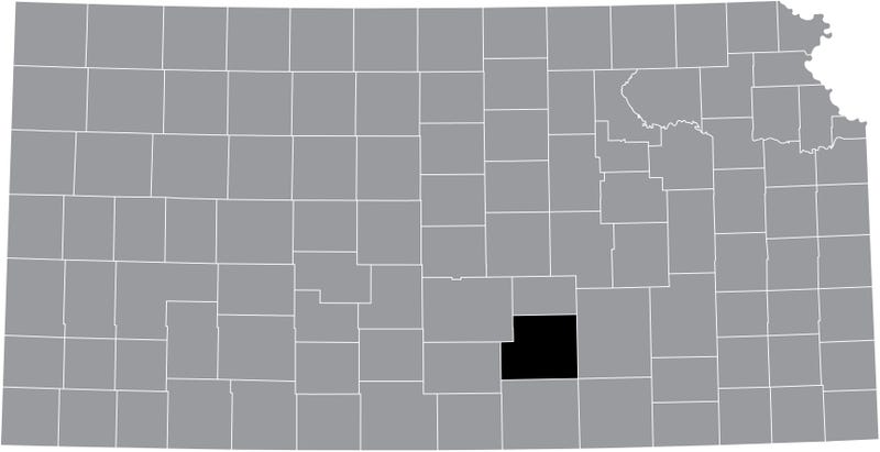 Black highlighted location map of the Sedgwick County inside gray map of the State of Kansas
