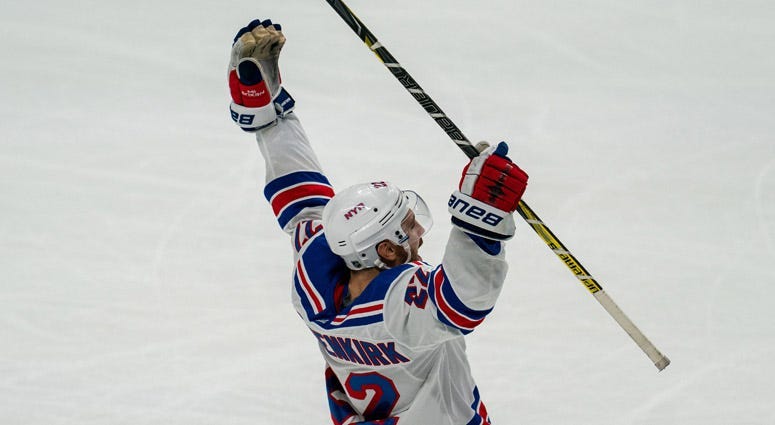 Rangers defenseman Kevin Shattenkirk celebrates after scoring the winning goal in the shootout round against the San Jose Sharks on Oct. 30, 2018, at the SAP Center in San Jose, California.