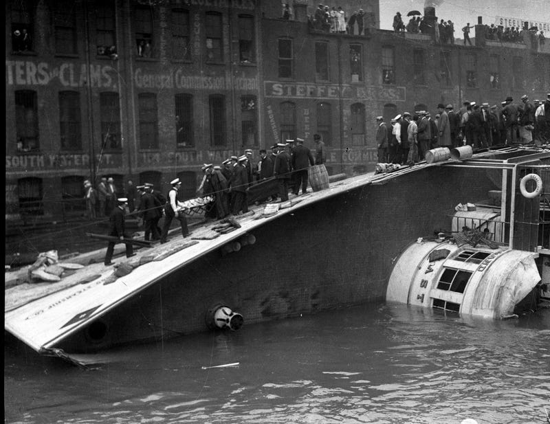 Eastland on its side in Chicago River