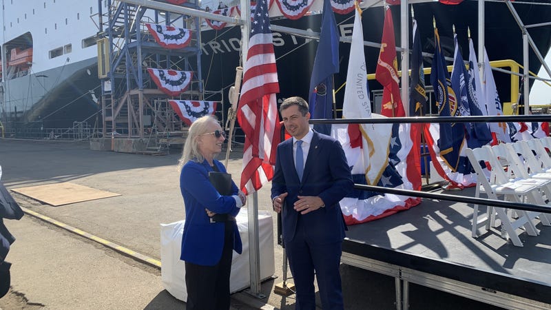 Secretary of Transportation Pete Buttigieg and Rep. Mary Gay Scanlon attend the christening of the Patriot State vessel at the Philly Shipyard on Monday, Sept. 9, 2024.