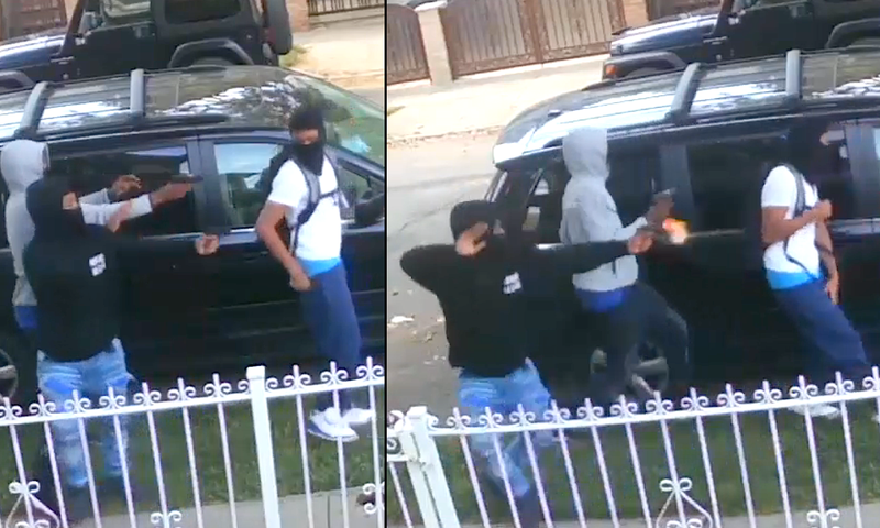 Two of four teens pulled out guns and shot at the victim Monday evening in South Jamaica, video shows