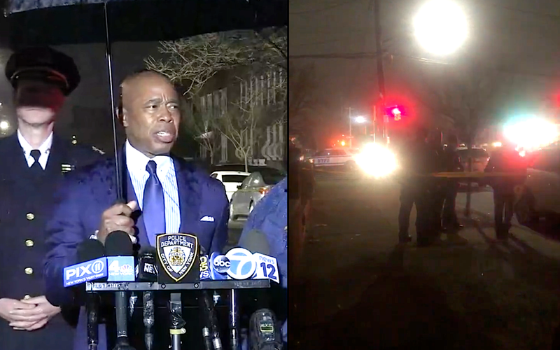 Mayor Adams speaks at a news conference as police continued to scour the scene for evidence