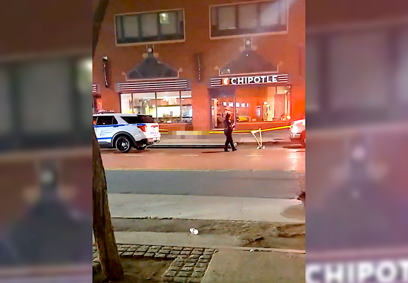 The woman's body was lying on a sidewalk outside a Chipotle on E. 14th Street just before sunrise