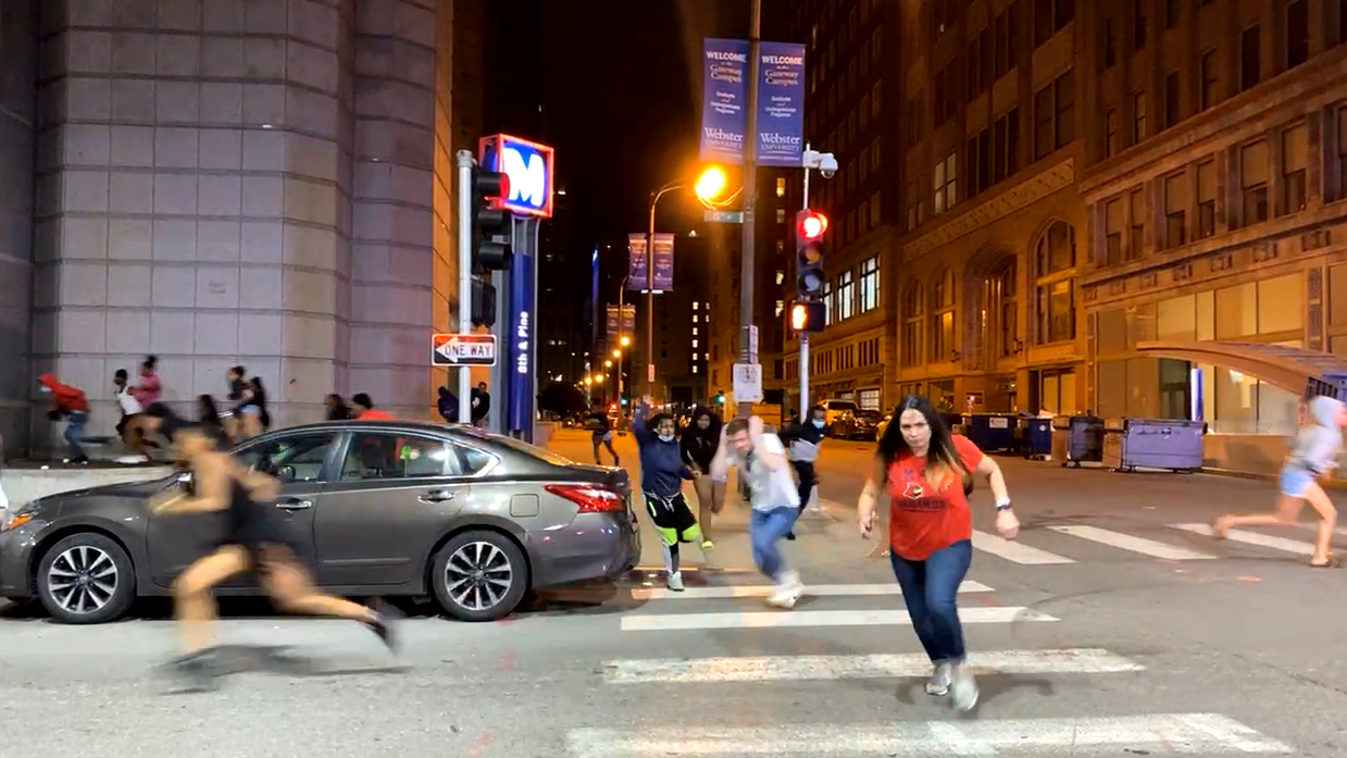 Watch KMOX Video: Teens flee from downtown gunfire