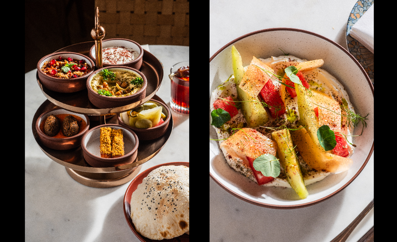 Left: Sifr's appetizer mezze platter. Right: Sifr's charred melon appetizer. The dishes are among the favorites of chefs Sujan Sarkar and Sahil Sethi, whose Middle Eastern restaurant Sifr was among Chicago's 2024 Michelin Guide additions.