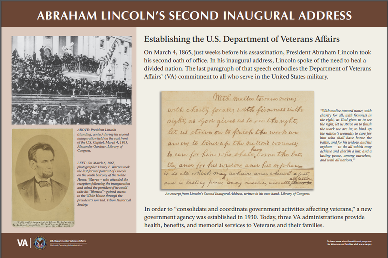 The interpretive sign VA plans to install at all national veterans cemeteries explaining how a Lincoln quote because the department's motto.