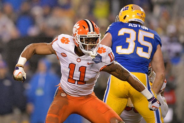 Isaiah Simmons of Clemson celebrates a tackle against Pitt. 