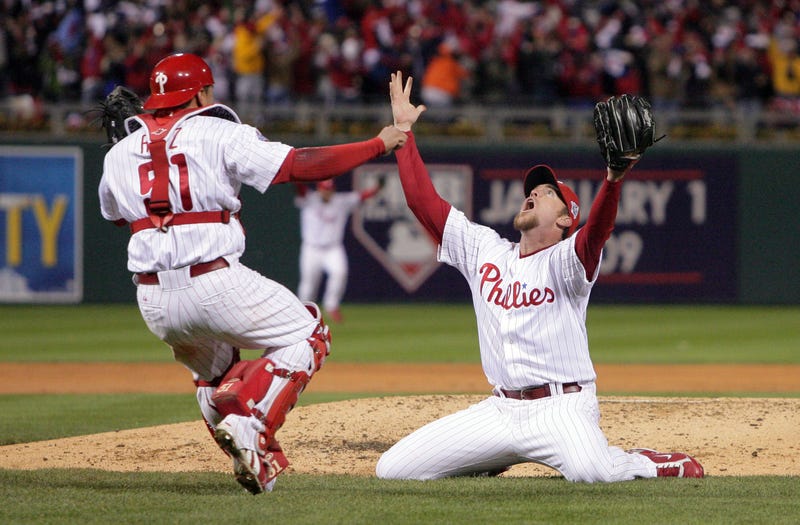 Philadelphia Phillies closer Brad Lidge and catcher Carlos Ruiz celebrate a World Series championship