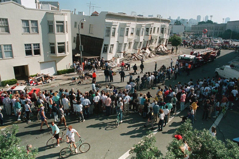 The October 1989 Loma Prieta earthquake damaged a building on Cervantes and Alhmabra streets in the Marina district of San Francisco, California.