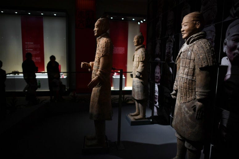 HAIKOU, Feb. 15, 2018 (Xinhua) -- Photo taken on Feb. 15, 2018 shows Terra-Cotta Warriors during an exhibition of "Civilization of Qin (221-207 B.C.) and Han Dynasties (206 B.C.- 220 A.D.)" in Hainan Museum in Haikou, south China's Hainan Province. 